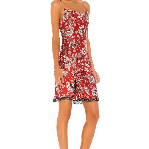 Cinq A Sept Avalyn Beaded Fringe Floral Print Charmeuse Minidress in Red Women 6 - Picture 2 of 11